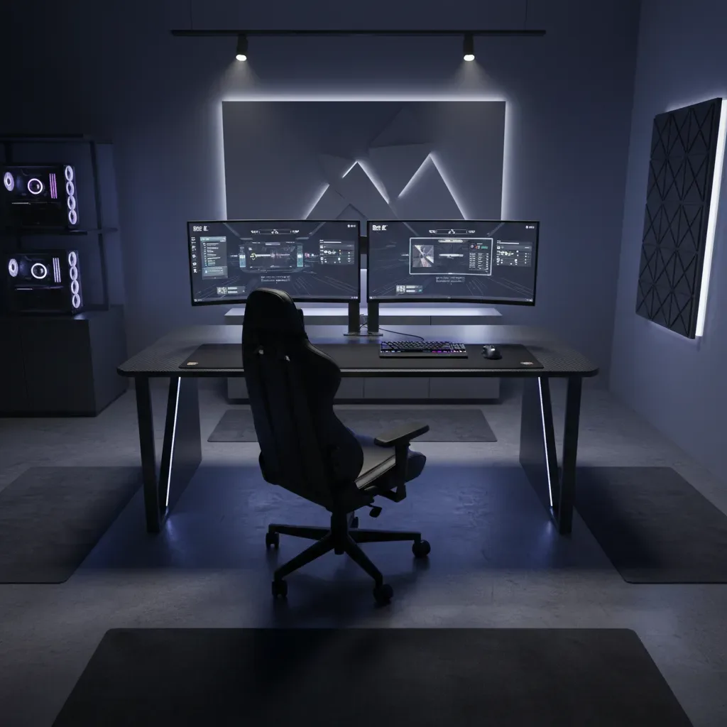 professional esports desk setup minimal monitor stand