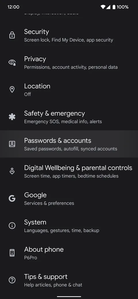 android phone settings account management screen