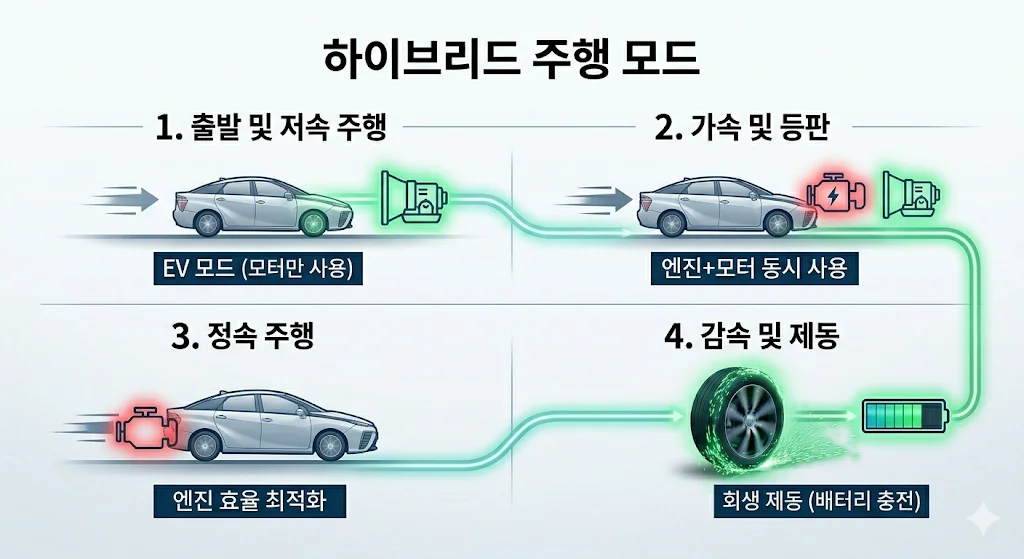 하이브리드 자동차 작동 원리 — 연비 20km 찍는 회생제동의 비밀